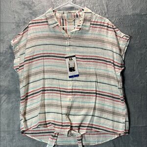 NWT New Weatherproof Linen Multicolor Striped Button Tie Front Size L